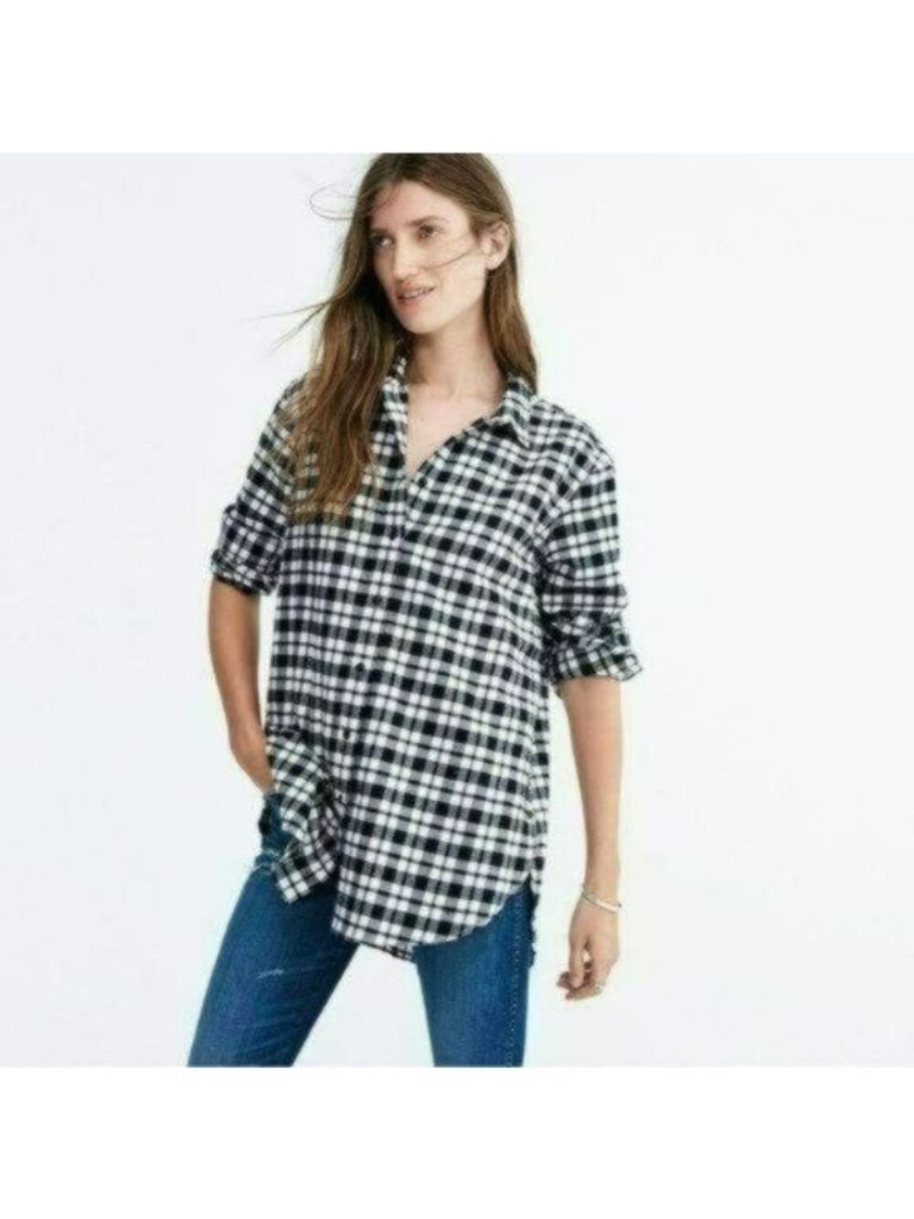 Madewell Women's Large Black White Plaid Oversize Long Sleeve Button Up Shirt